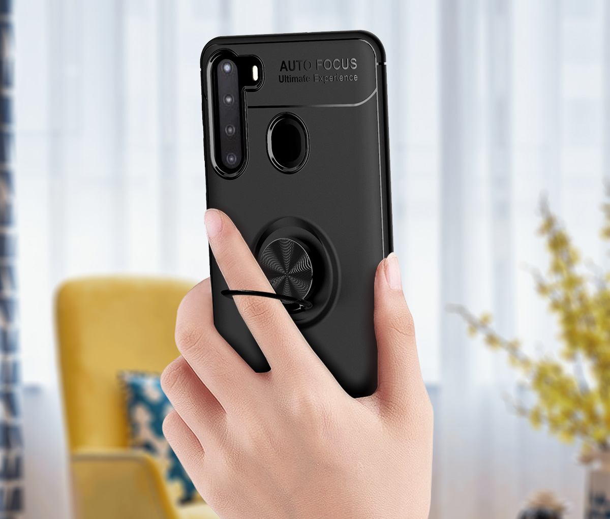 Fingerring Kickstand Tpu-telefonabdeckung [eingebautes Metallblech] Für Samsung Galaxy A21 - Schwarz