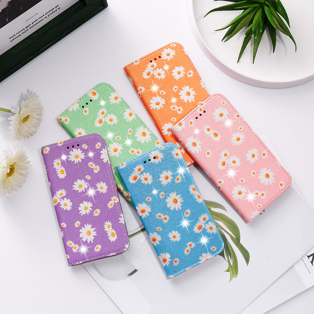 Daisy Pattern Flash Powder Style PU Couro PU Shell Para Samsung Galaxy S20 Plus - Azul