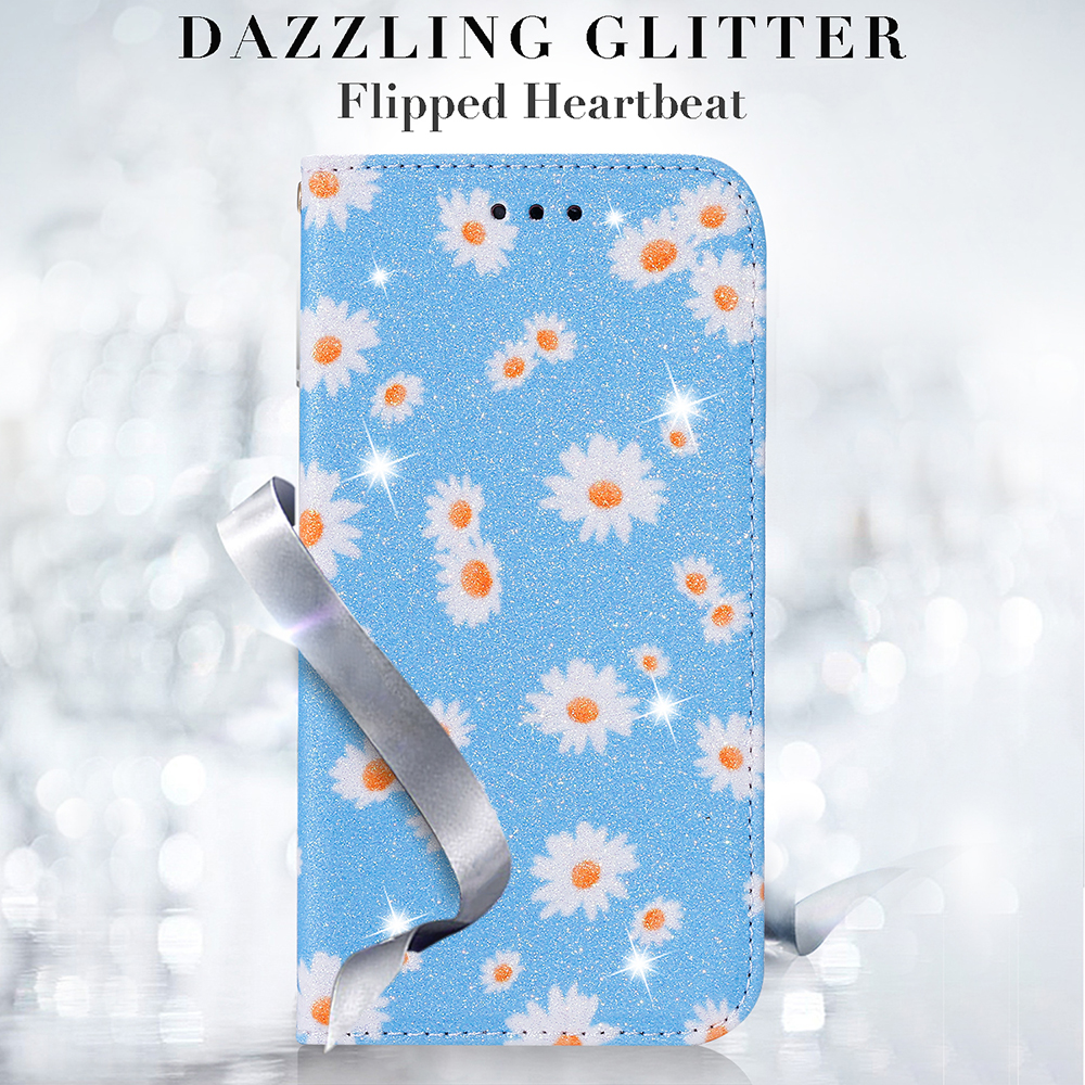 Daisy Pattern Flash Powder Style PU Couro PU Shell Para Samsung Galaxy S20 Plus - Azul