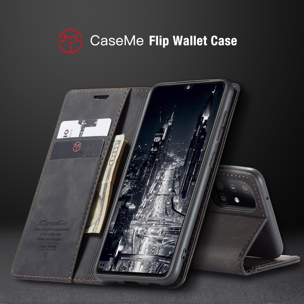 Caseme 013 Serie Auto-absorbierte Einfache Lederflip-abdeckung Für Samsung Galaxy A31 - Schwarz