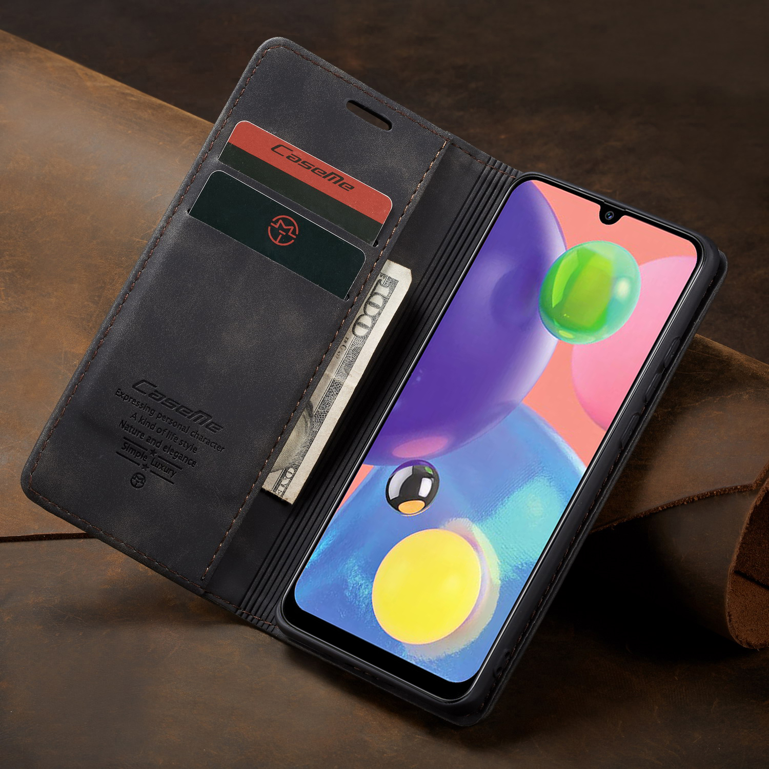 Caseme 013 Serie Auto-absorbiertes Leder Brieftasche Hülle Flip Shell Für Samsung Galaxy A70s - Schwarz