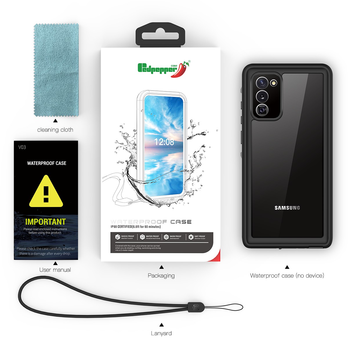 Redpepper Para Samsung Galaxy Note20 4G/5G IP68 Caixa de Telefone à Prova D'água [suporte de Impressão Digital] [Clear Back] - Preto