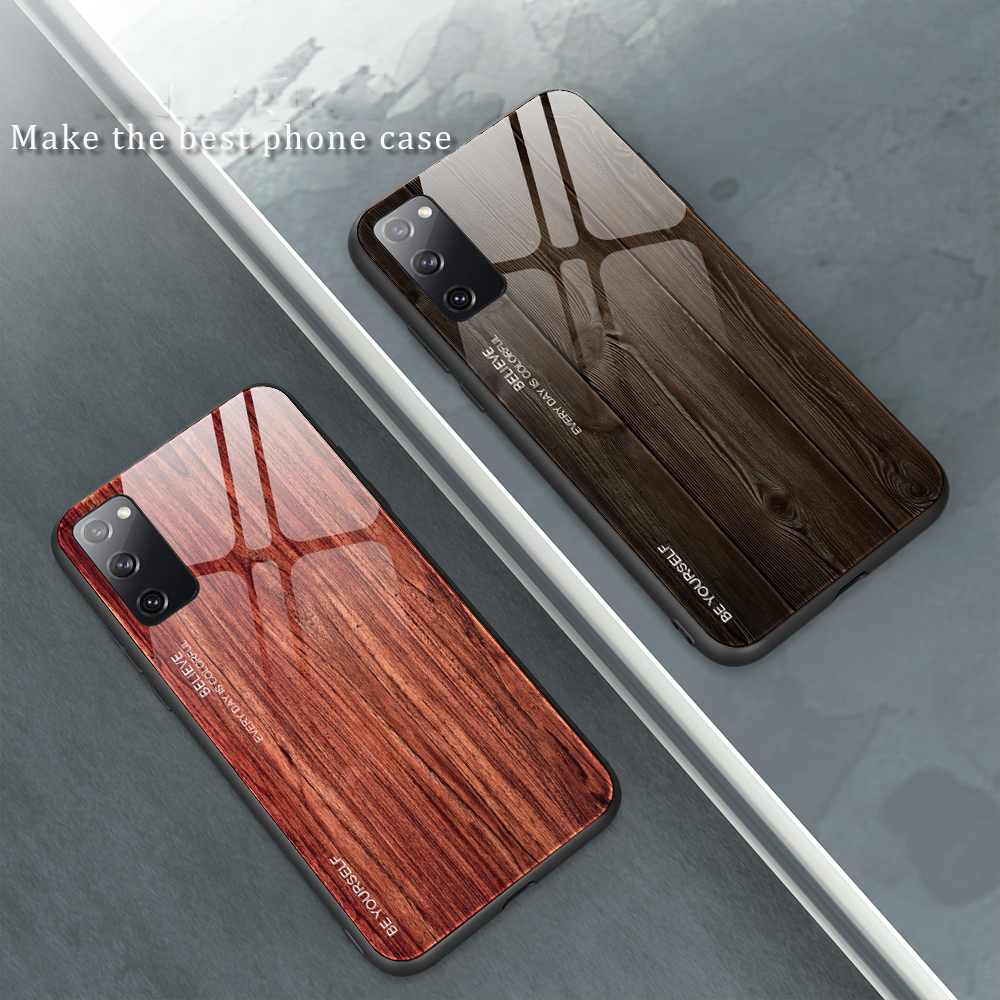 Texture en Bois TPU + Couvercle en Verre Trempé Pour Samsung Galaxy S20 fe 4g / fe 5g / S20 Lite / S20 fe 2022 - le Noir