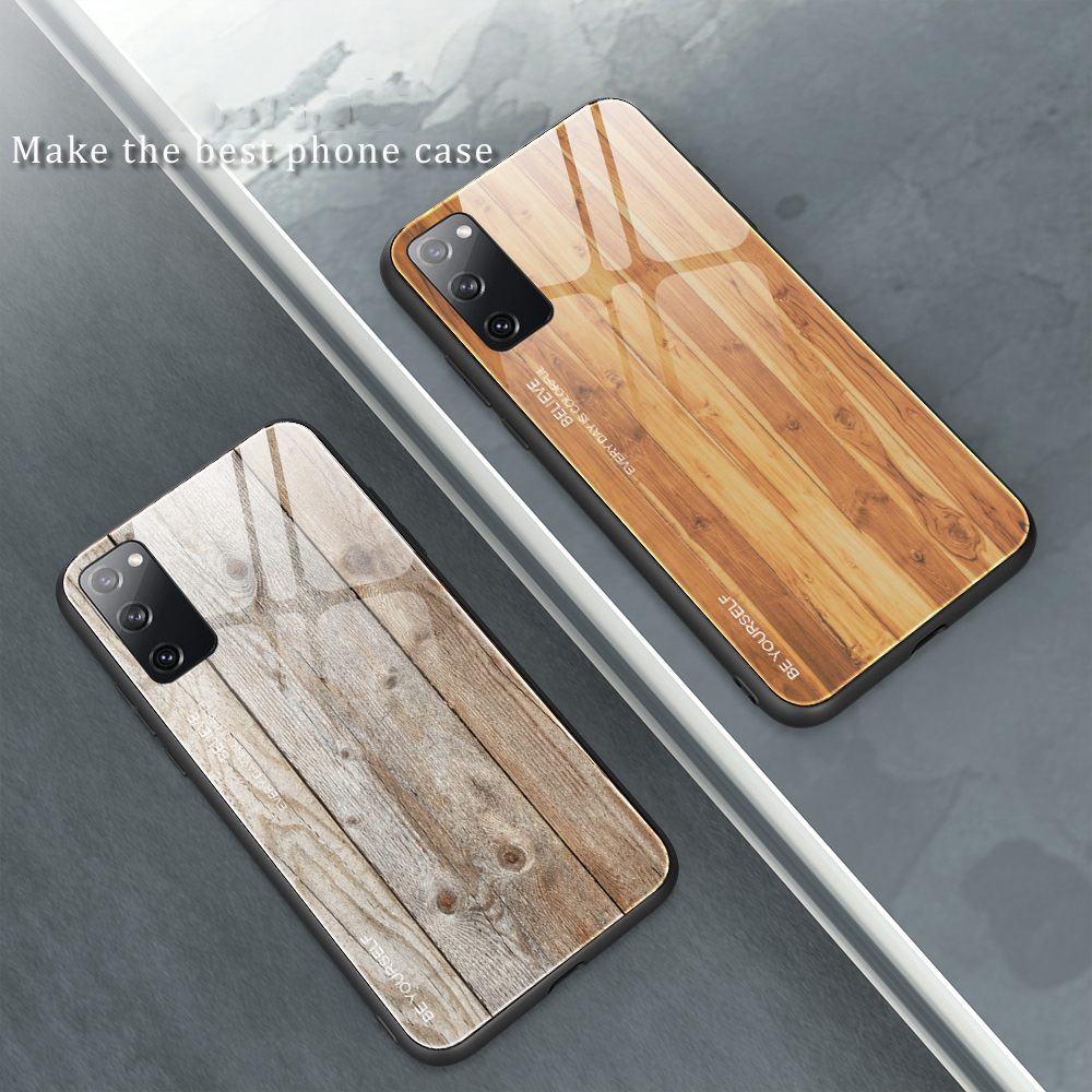 Texture en Bois TPU + Couvercle en Verre Trempé Pour Samsung Galaxy S20 fe 4g / fe 5g / S20 Lite / S20 fe 2022 - le Noir