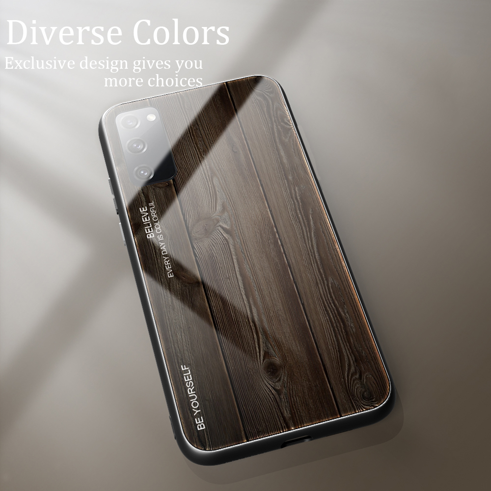 Texture en Bois TPU + Couvercle en Verre Trempé Pour Samsung Galaxy S20 fe 4g / fe 5g / S20 Lite / S20 fe 2022 - le Noir