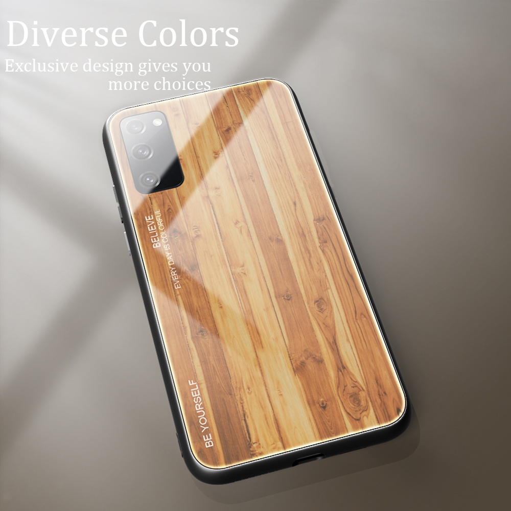 Texture en Bois TPU + Couvercle en Verre Trempé Pour Samsung Galaxy S20 fe 4g / fe 5g / S20 Lite / S20 fe 2022 - le Noir