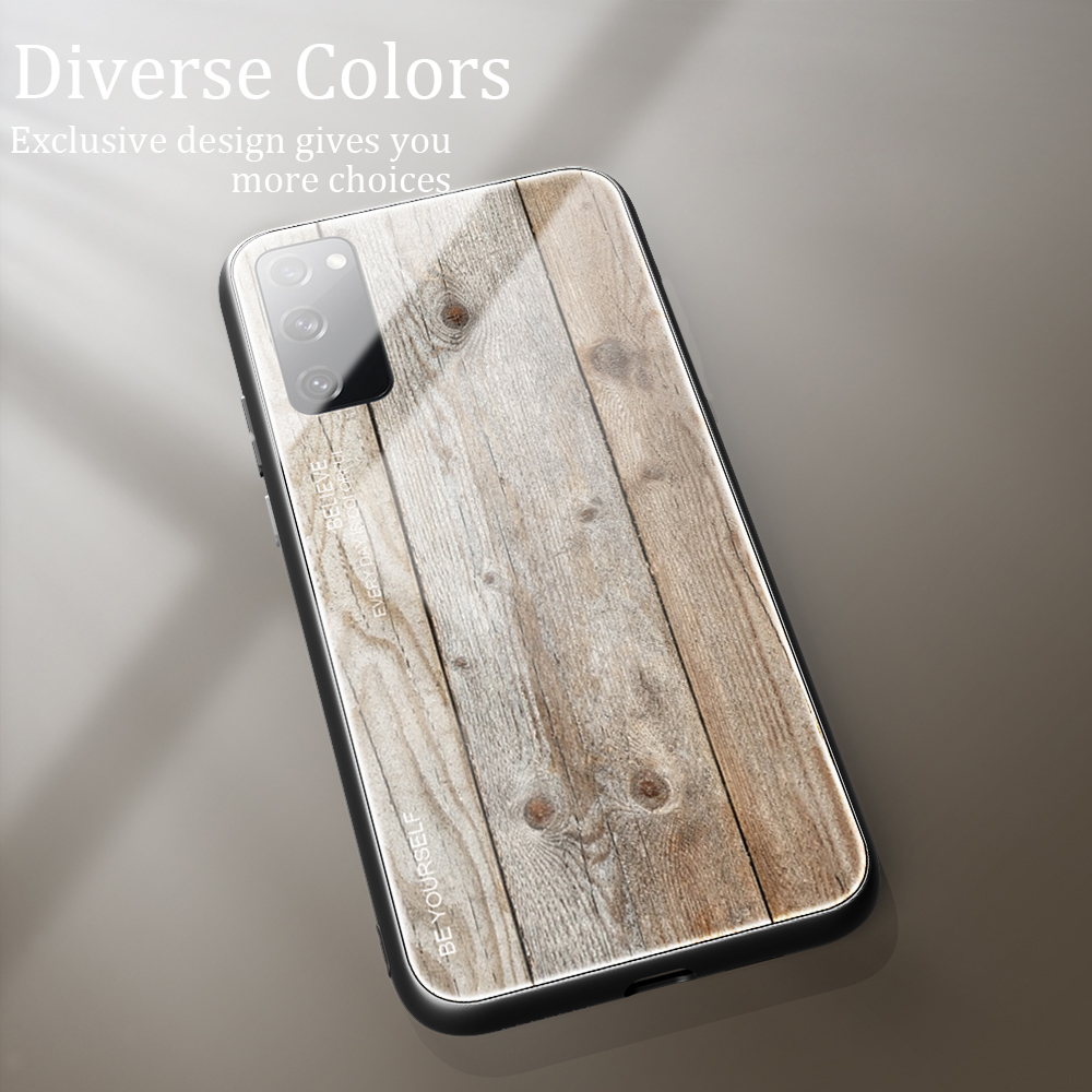 Texture en Bois TPU + Couvercle en Verre Trempé Pour Samsung Galaxy S20 fe 4g / fe 5g / S20 Lite / S20 fe 2022 - le Noir