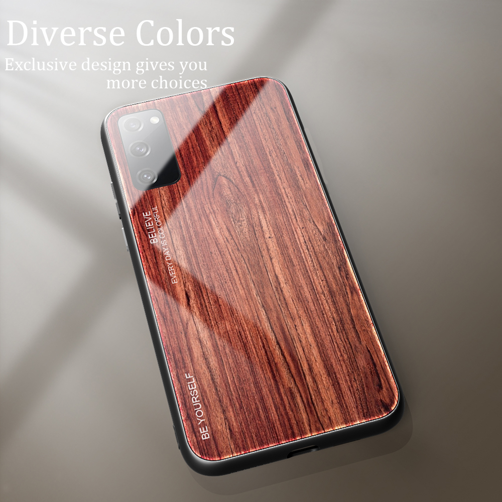 Texture en Bois TPU + Couvercle en Verre Trempé Pour Samsung Galaxy S20 fe 4g / fe 5g / S20 Lite / S20 fe 2022 - le Noir