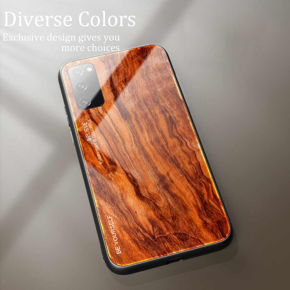 Texture en Bois TPU + Couvercle en Verre Trempé Pour Samsung Galaxy S20 fe 4g / fe 5g / S20 Lite / S20 fe 2022 - le Noir