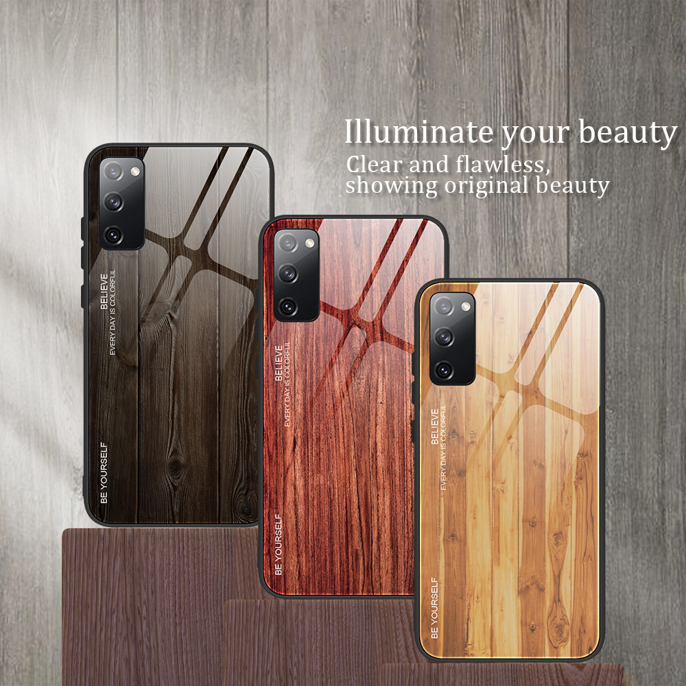 Texture en Bois TPU + Couvercle en Verre Trempé Pour Samsung Galaxy S20 fe 4g / fe 5g / S20 Lite / S20 fe 2022 - le Noir