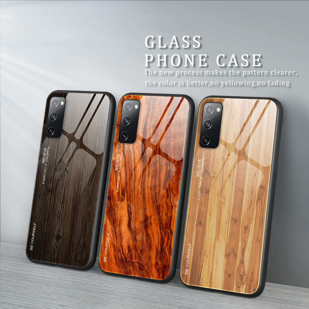 Texture en Bois TPU + Couvercle en Verre Trempé Pour Samsung Galaxy S20 fe 4g / fe 5g / S20 Lite / S20 fe 2022 - le Noir