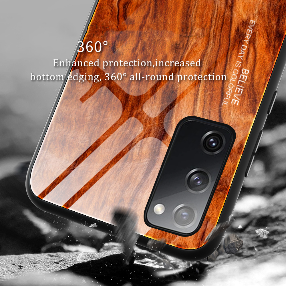 Texture en Bois TPU + Couvercle en Verre Trempé Pour Samsung Galaxy S20 fe 4g / fe 5g / S20 Lite / S20 fe 2022 - le Noir