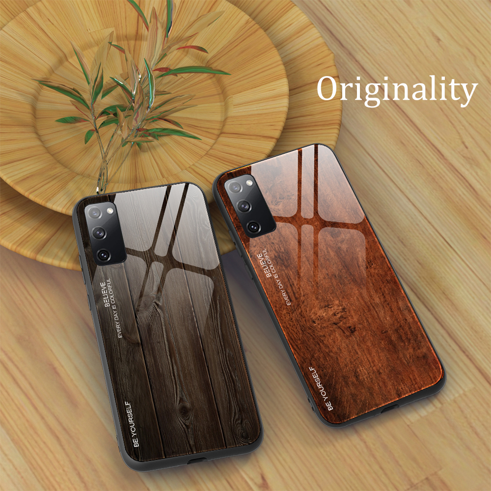 Texture en Bois TPU + Couvercle en Verre Trempé Pour Samsung Galaxy S20 fe 4g / fe 5g / S20 Lite / S20 fe 2022 - le Noir