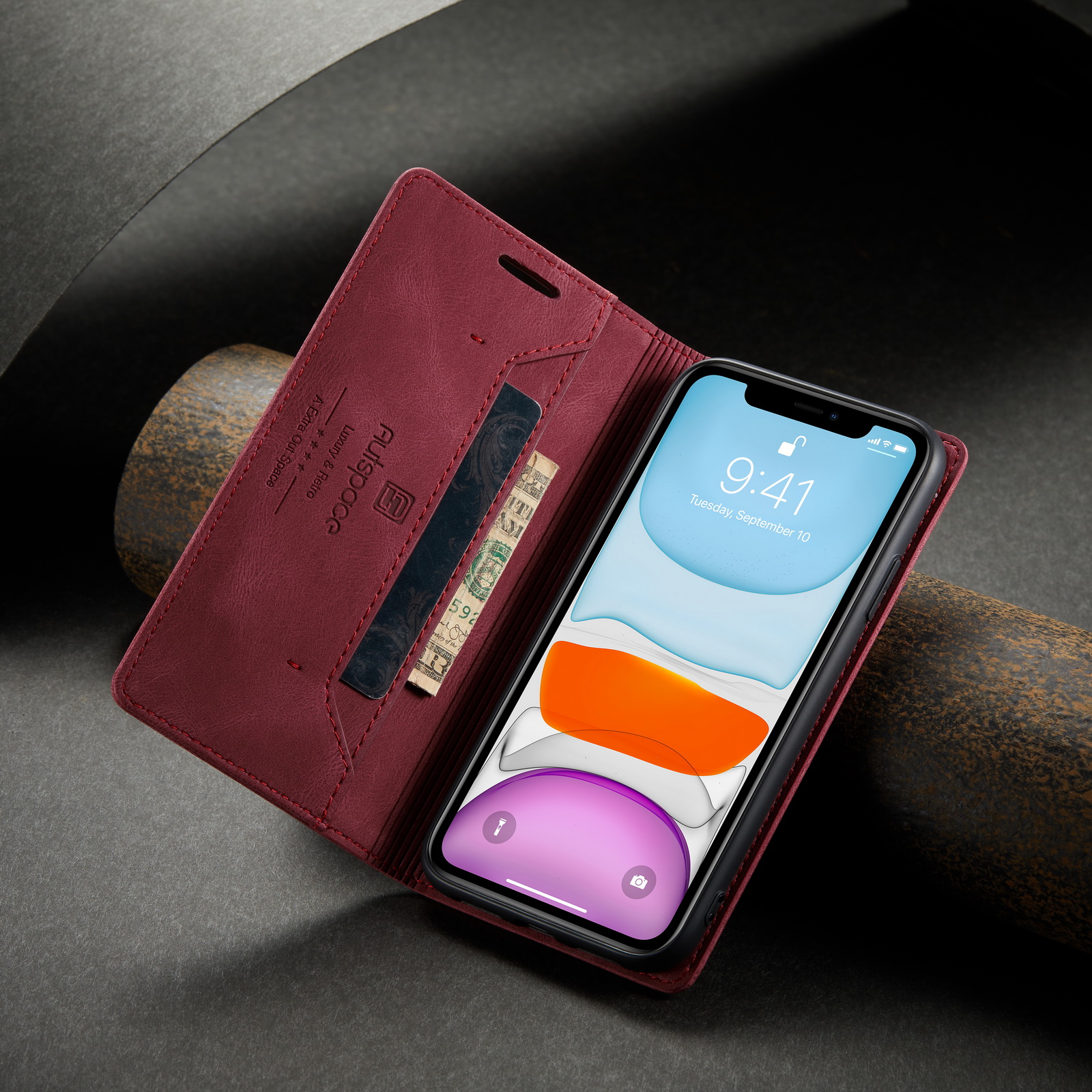 Autspace Серии A01 Серия RFID Blocking Wallet Retro Matte Leather Phone Case Для Iphone 11 6,1 Дюйма - Красный