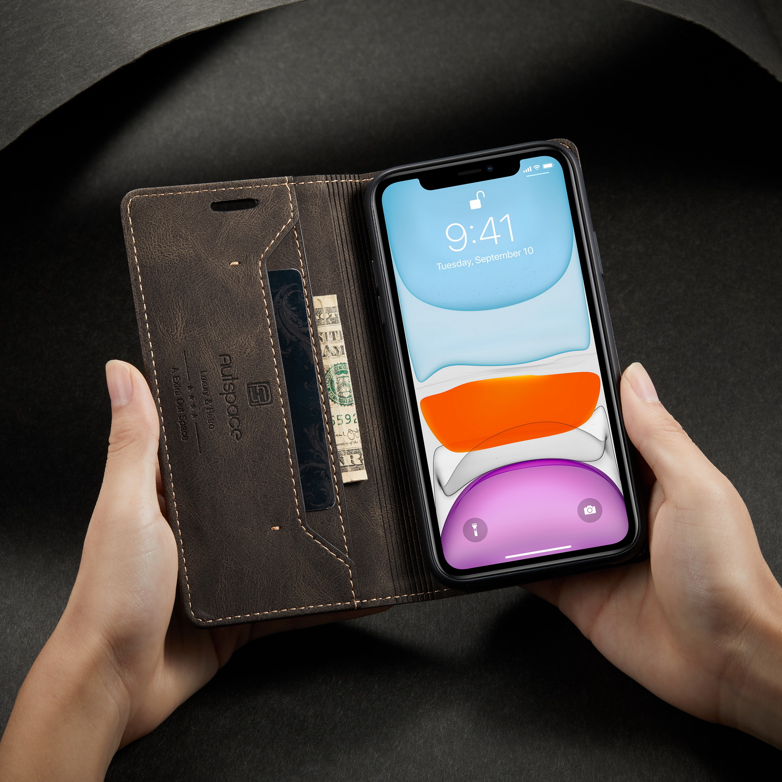 Autspace Серии A01 Серия RFID Blocking Wallet Retro Matte Leather Phone Case Для Iphone 11 6,1 Дюйма - Синий