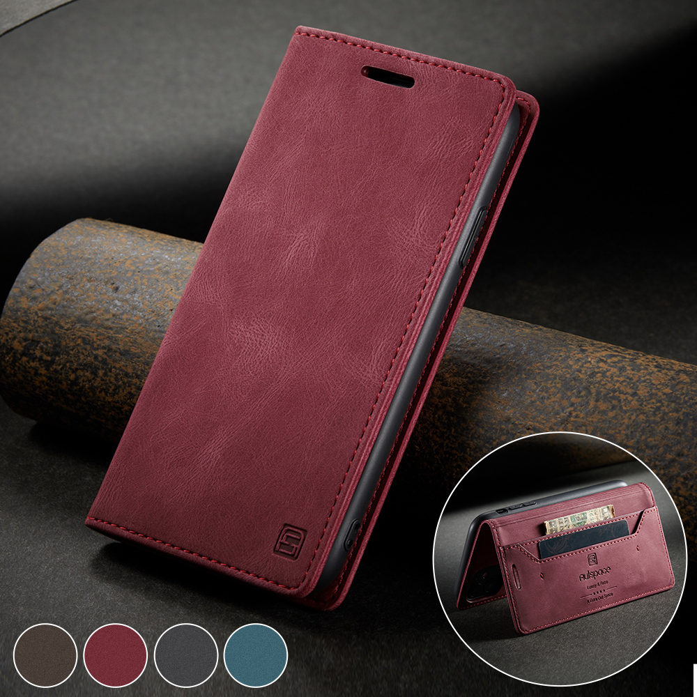 Autspace Серии A01 Серия RFID Blocking Wallet Retro Matte Leather Phone Case Для Iphone 11 6,1 Дюйма - Синий