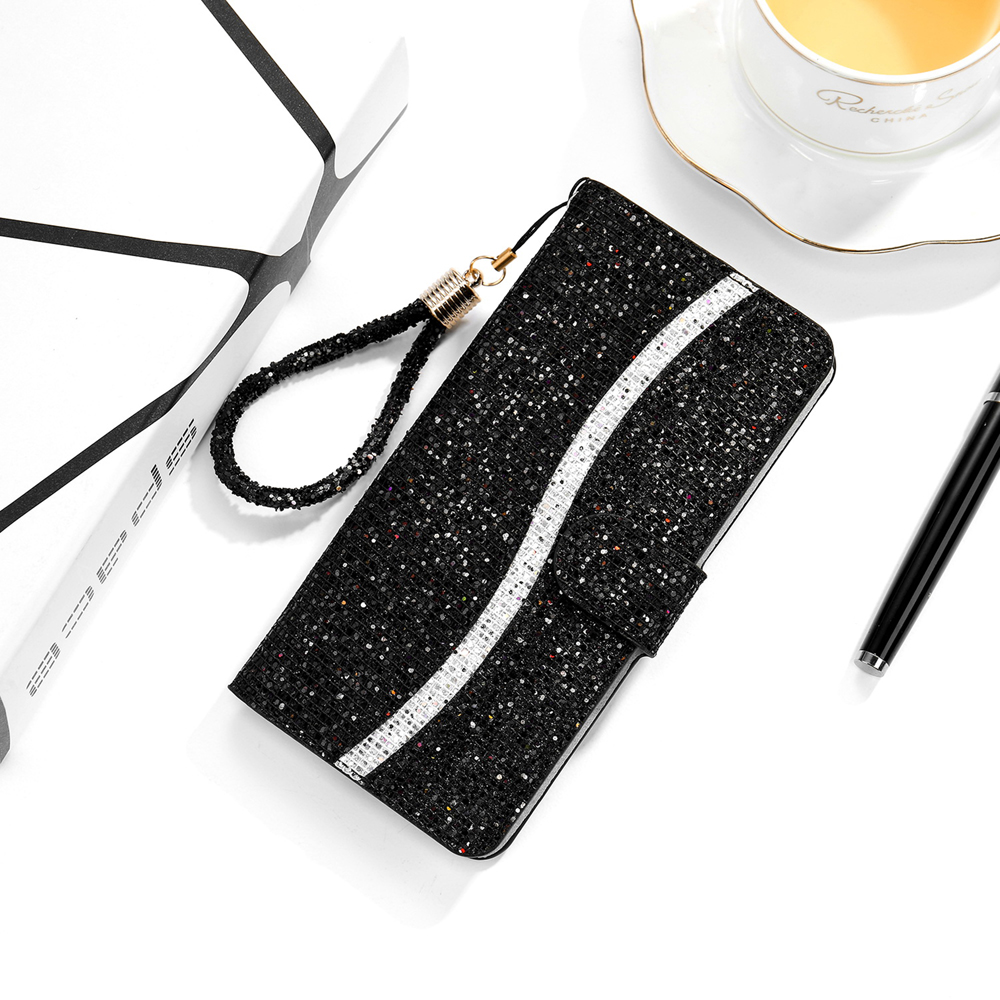 Glittery Powder Splicing Leather Wallet Stand Phone Cover for Samsung Galaxy S20 FE / Galaxy S20 Fan Edition - Black-10