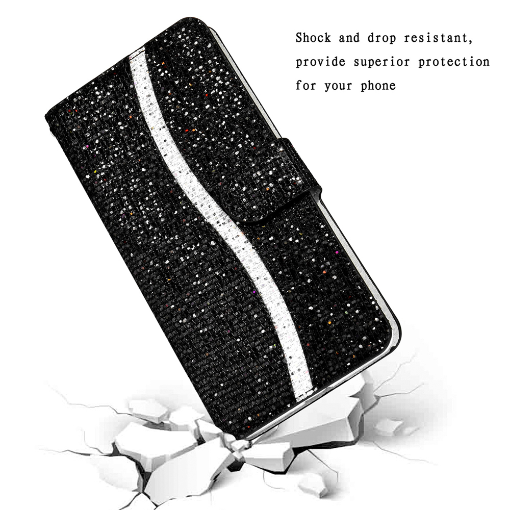 Glittery Powder Splicing Leather Wallet Stand Phone Cover for Samsung Galaxy S20 FE / Galaxy S20 Fan Edition - Black-7
