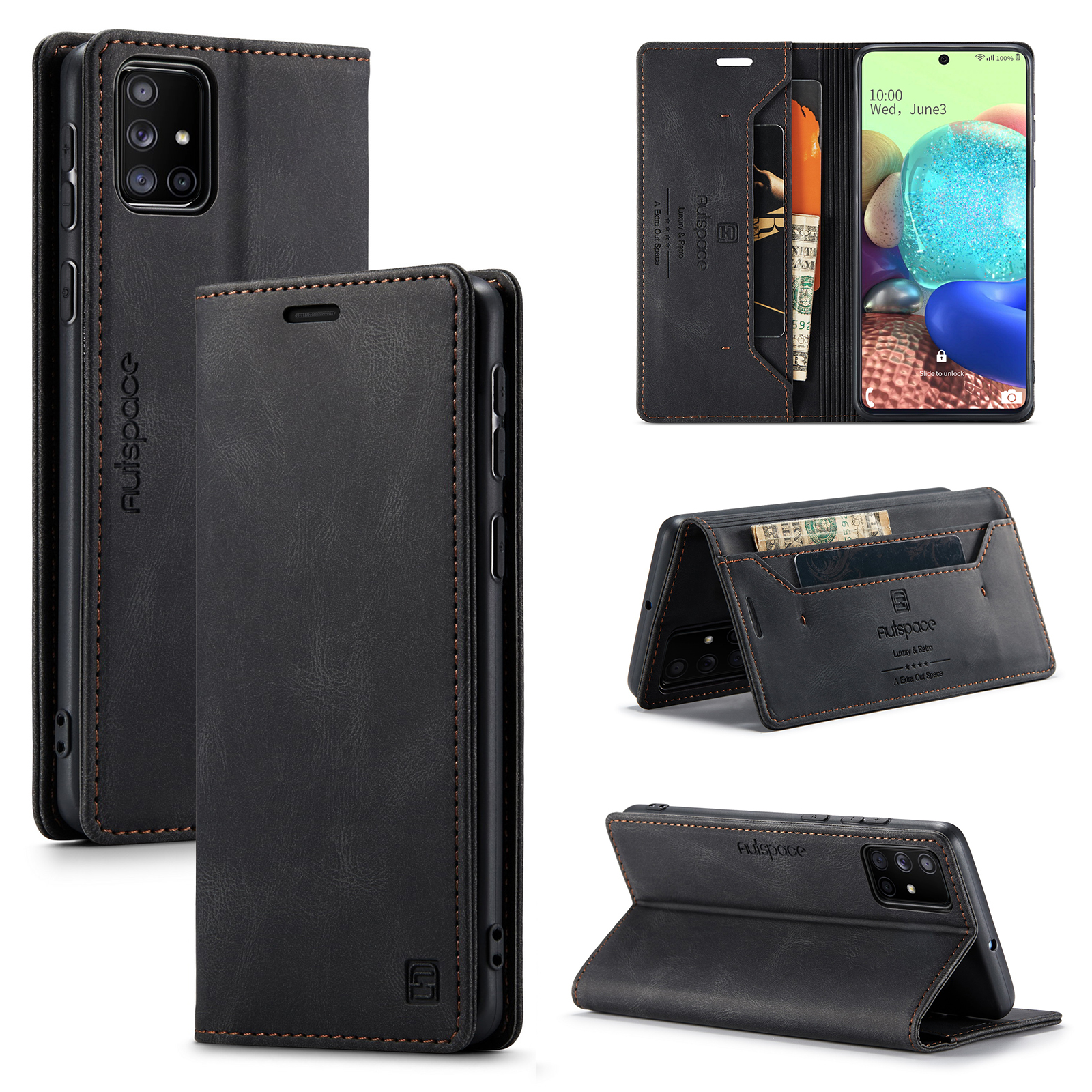AUTSPACE A01 Series RFID Blocking Retro Matte Leather Stand Case Wallet for Samsung Galaxy A71 SM-A715 - Black-1