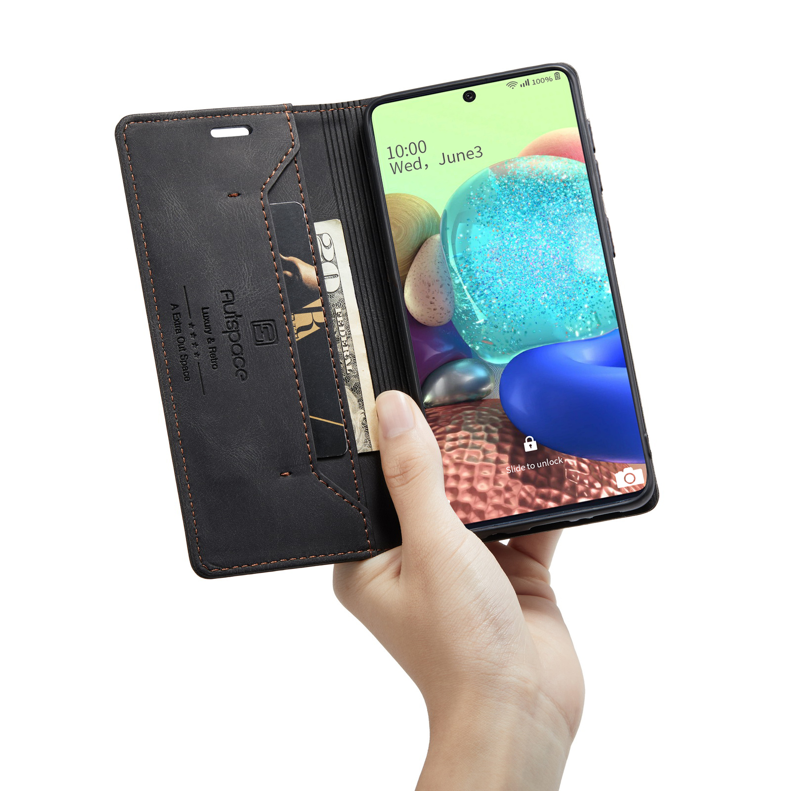 AUTSPACE A01 Series RFID Blocking Retro Matte Leather Stand Case Wallet for Samsung Galaxy A71 SM-A715 - Black-20