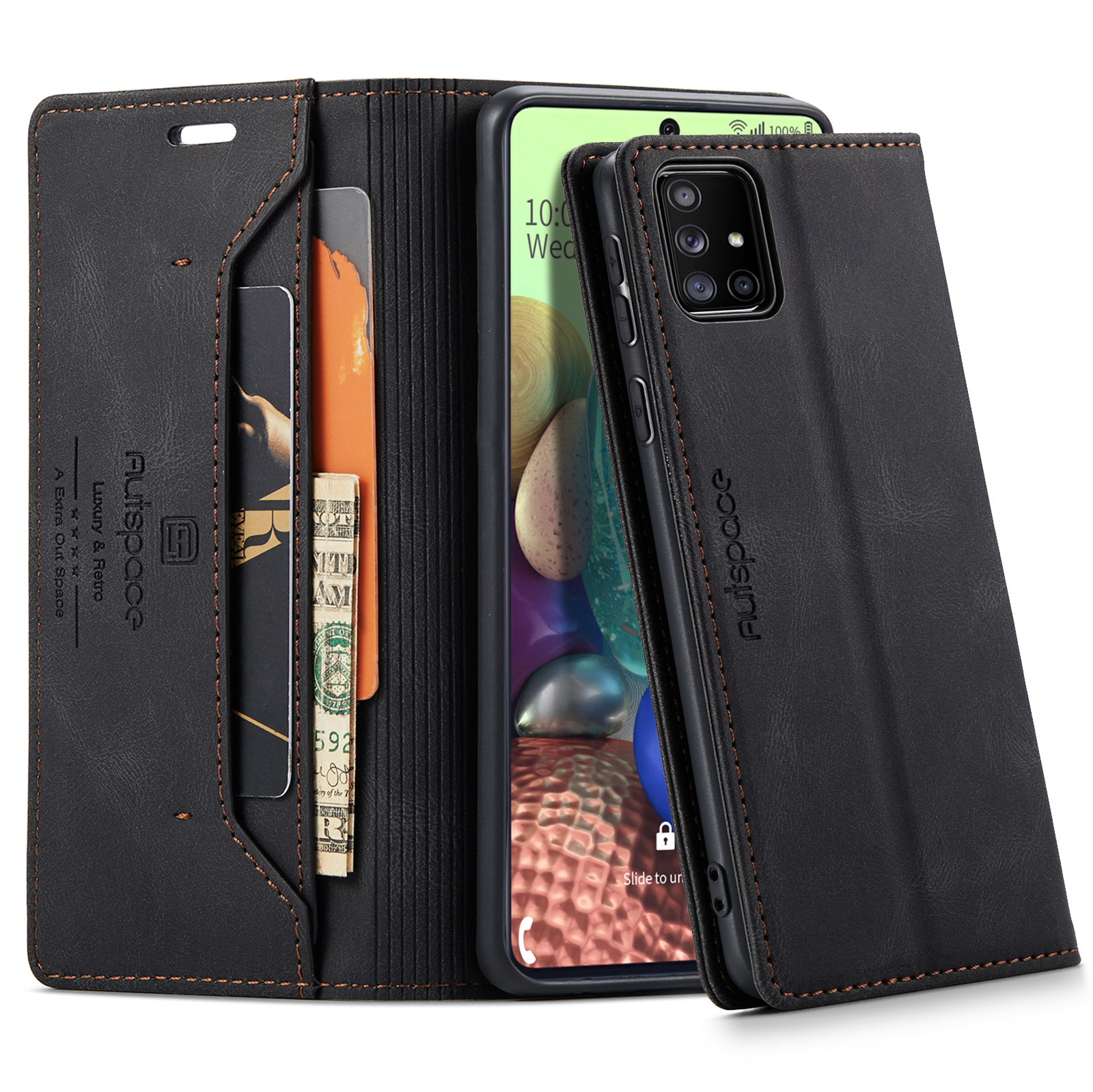 AUTSPACE A01 Series RFID Blocking Retro Matte Leather Stand Case Wallet for Samsung Galaxy A71 SM-A715 - Black-23