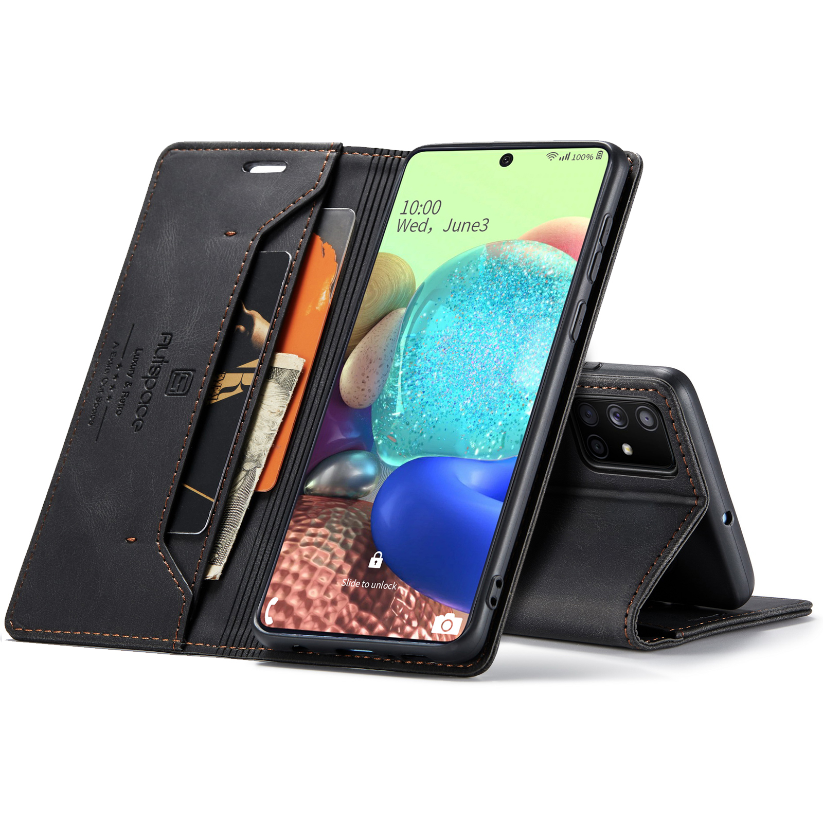 AUTSPACE A01 Series RFID Blocking Retro Matte Leather Stand Case Wallet for Samsung Galaxy A71 SM-A715 - Black-24