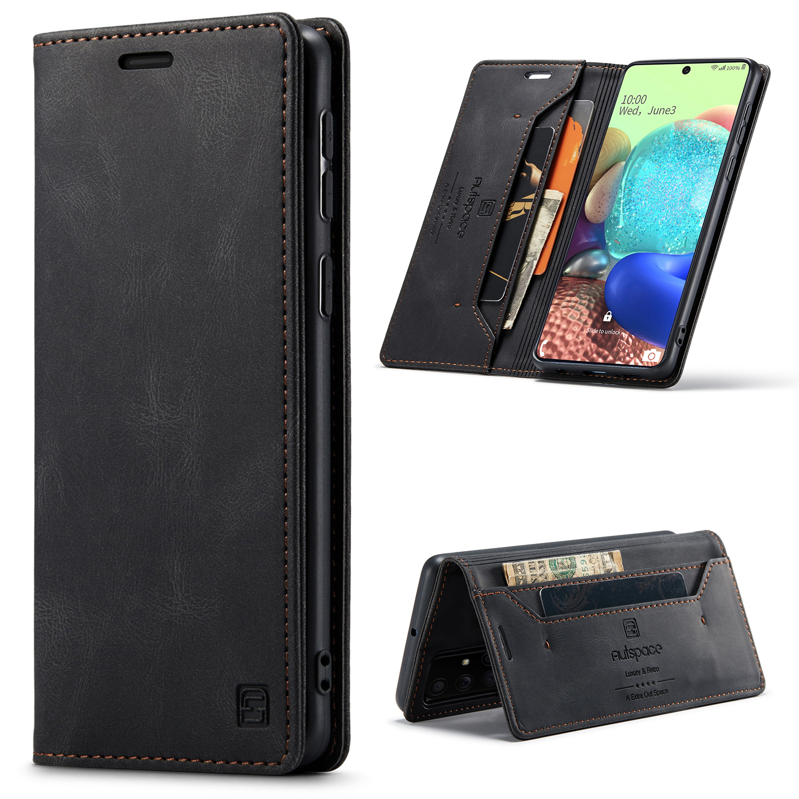 AUTSPACE A01 Series RFID Blocking Retro Matte Leather Stand Case Wallet for Samsung Galaxy A71 SM-A715 - Black-25