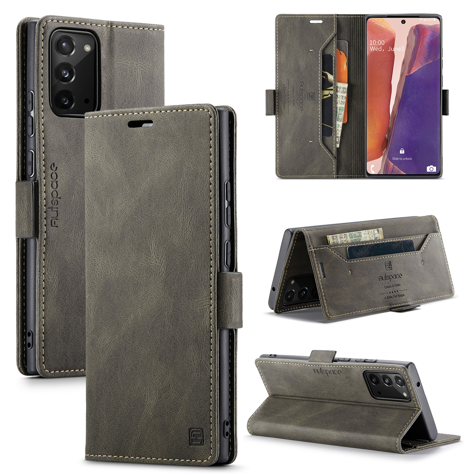 AUTSPACE A01 Series RFID Blocking Retro Matte Leather Stand Case Wallet for Samsung Galaxy Note 20 5G / Galaxy Note 20 - Coffee-2