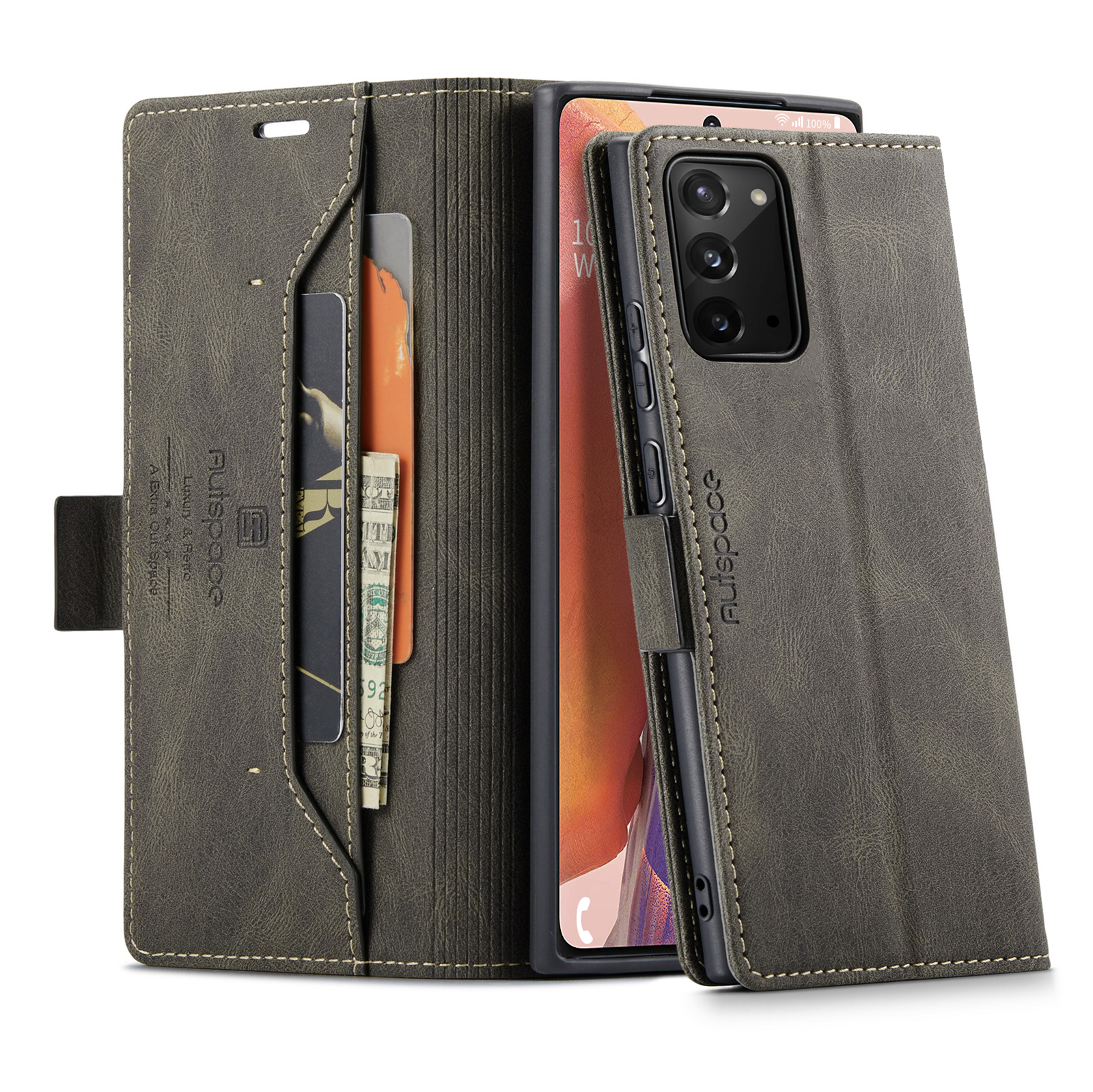 AUTSPACE A01 Series RFID Blocking Retro Matte Leather Stand Case Wallet for Samsung Galaxy Note 20 5G / Galaxy Note 20 - Coffee-23
