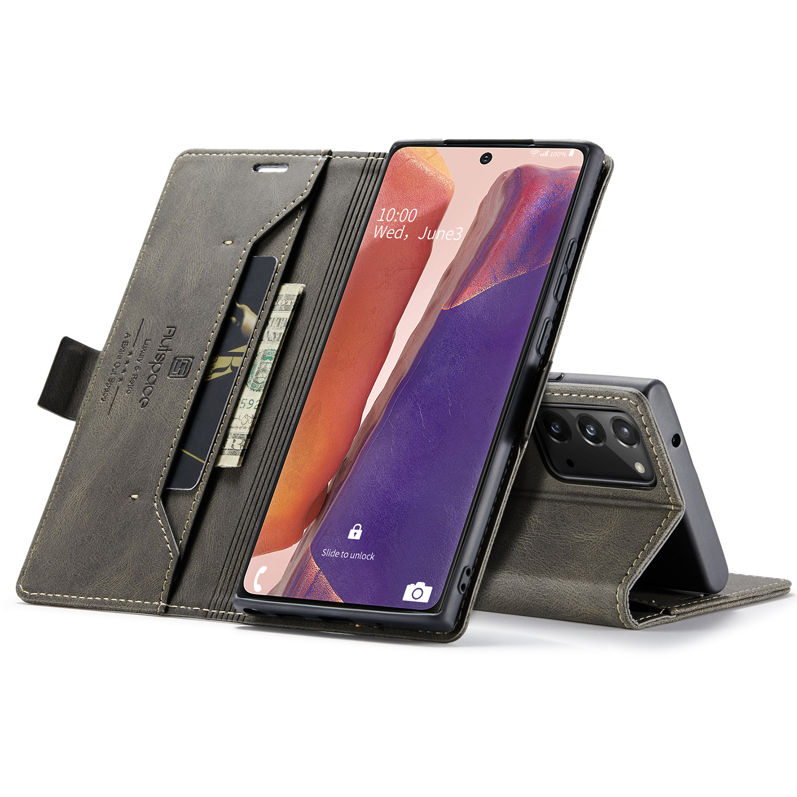 AUTSPACE A01 Series RFID Blocking Retro Matte Leather Stand Case Wallet for Samsung Galaxy Note 20 5G / Galaxy Note 20 - Coffee-24