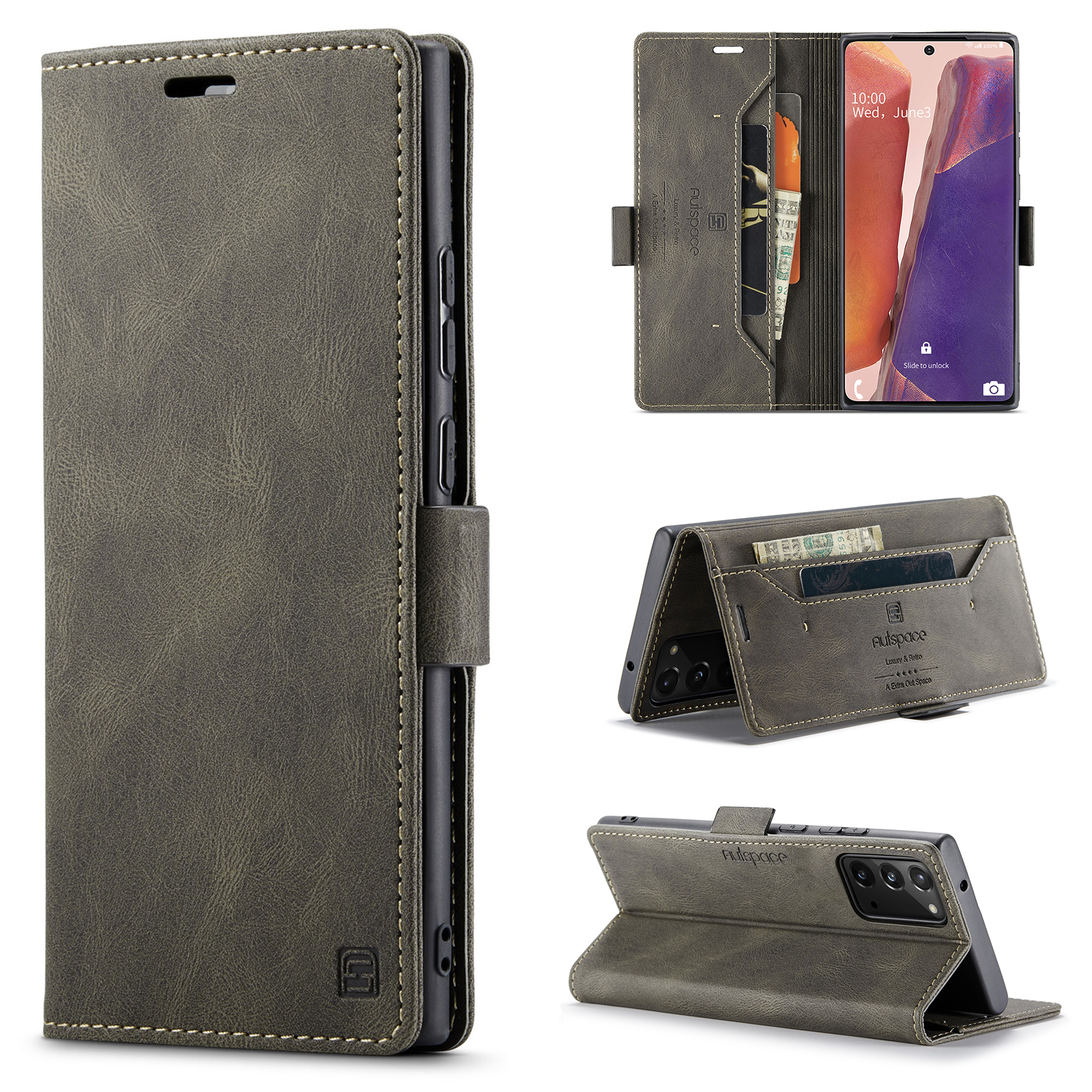 AUTSPACE A01 Series RFID Blocking Retro Matte Leather Stand Case Wallet for Samsung Galaxy Note 20 5G / Galaxy Note 20 - Coffee-25