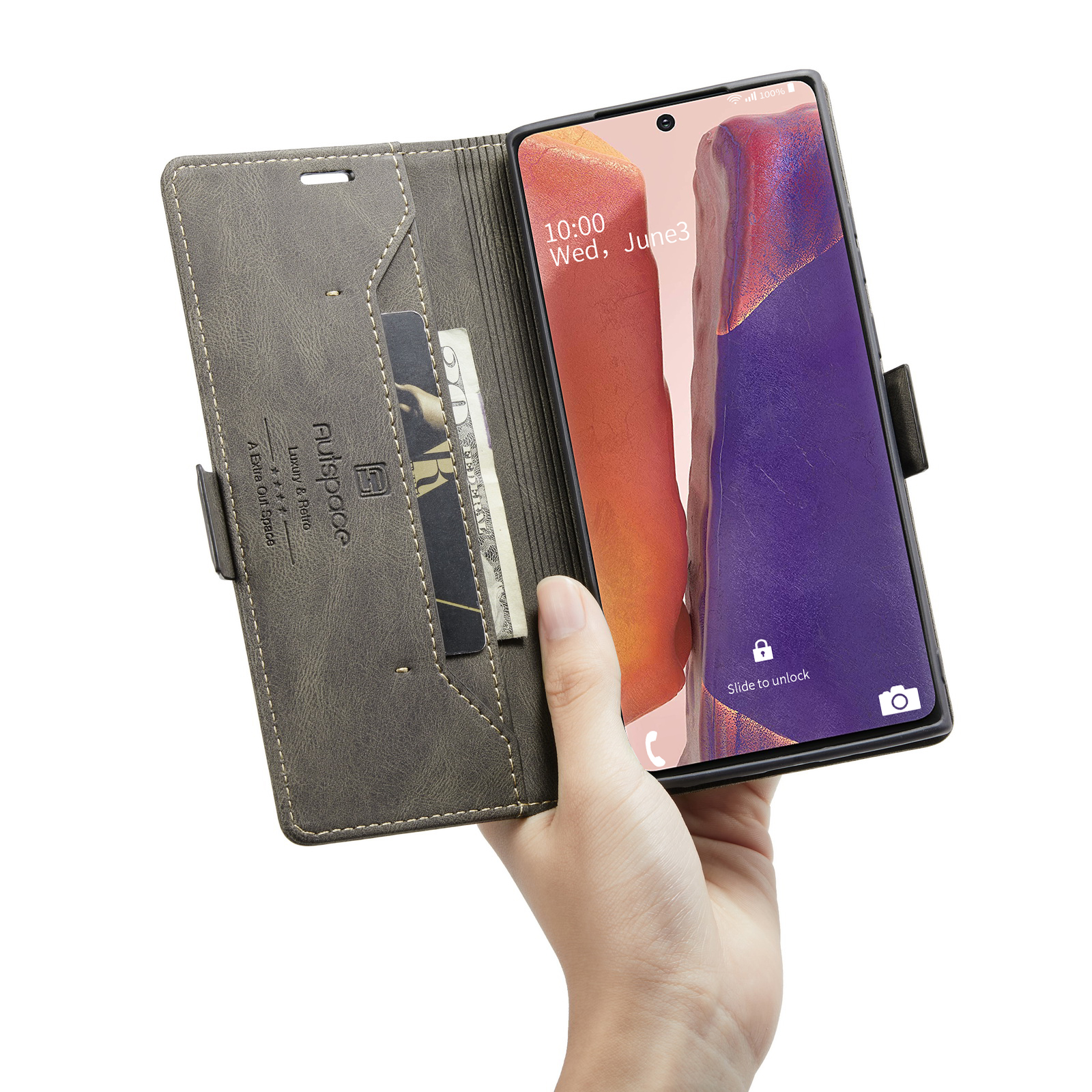 AUTSPACE A01 Series RFID Blocking Retro Matte Leather Stand Case Wallet for Samsung Galaxy Note 20 5G / Galaxy Note 20 - Coffee-18