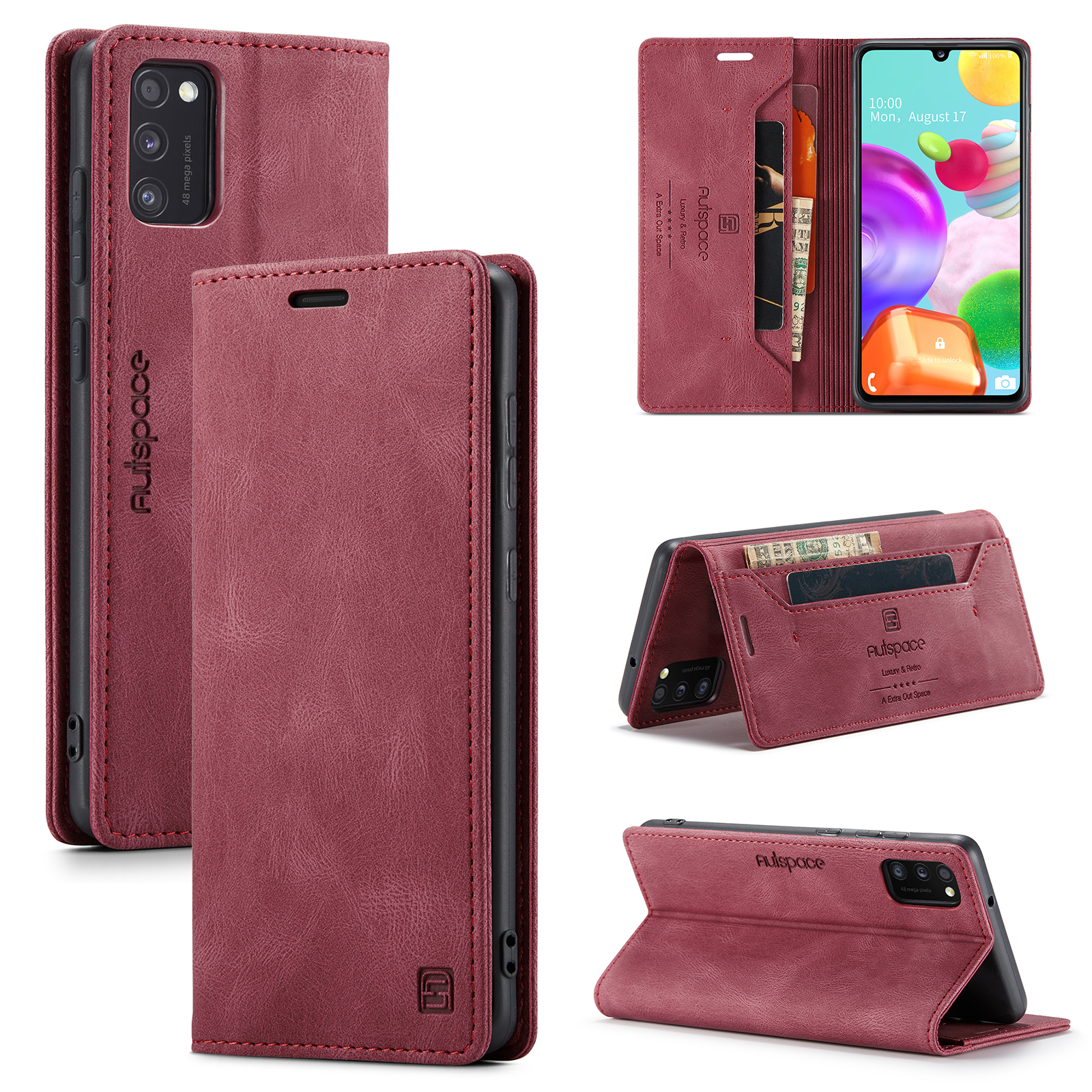 AUTSPACE A01 Series RFID Blocking Retro Matte Leather Case Wallet for Samsung Galaxy A41 (Global Version) - Red-2