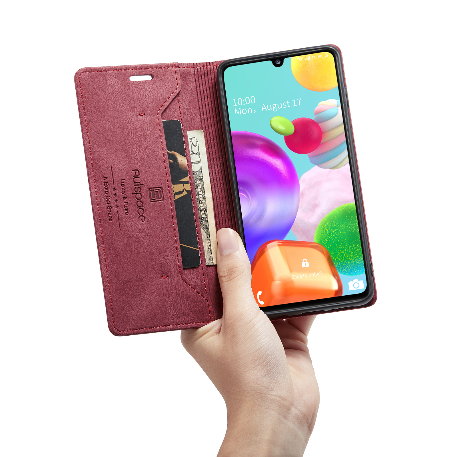 AUTSPACE A01 Series RFID Blocking Retro Matte Leather Case Wallet for Samsung Galaxy A41 (Global Version) - Red-19