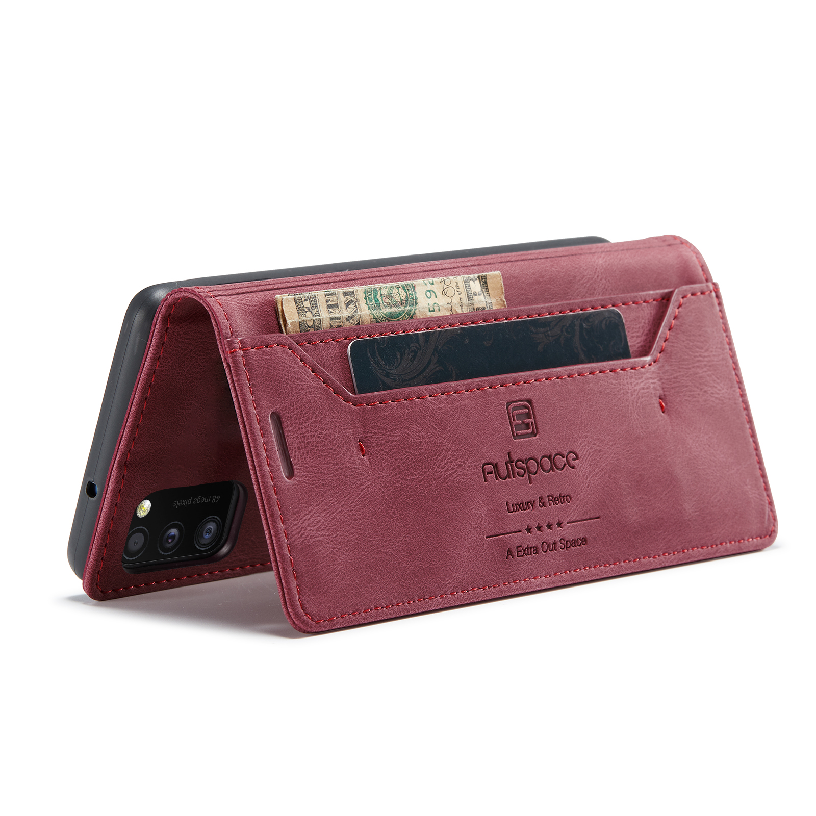 AUTSPACE A01 Series RFID Blocking Retro Matte Leather Case Wallet for Samsung Galaxy A41 (Global Version) - Red-22