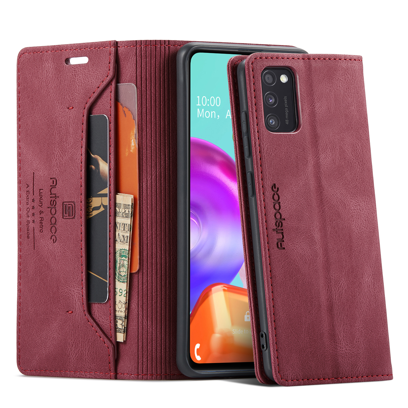 AUTSPACE A01 Series RFID Blocking Retro Matte Leather Case Wallet for Samsung Galaxy A41 (Global Version) - Red-23