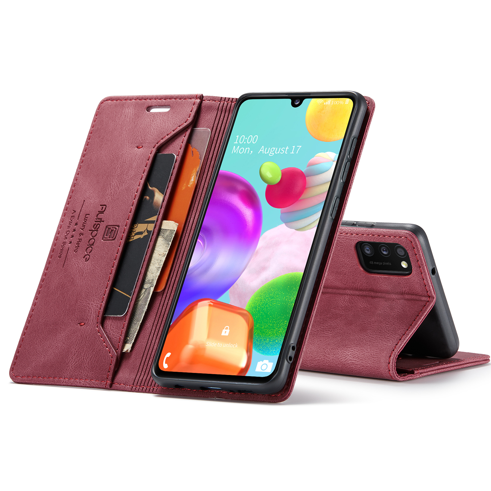 AUTSPACE A01 Series RFID Blocking Retro Matte Leather Case Wallet for Samsung Galaxy A41 (Global Version) - Red-24