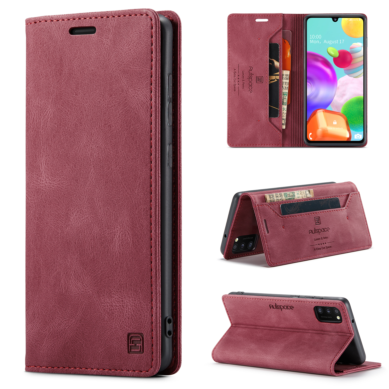 AUTSPACE A01 Series RFID Blocking Retro Matte Leather Case Wallet for Samsung Galaxy A41 (Global Version) - Red-25
