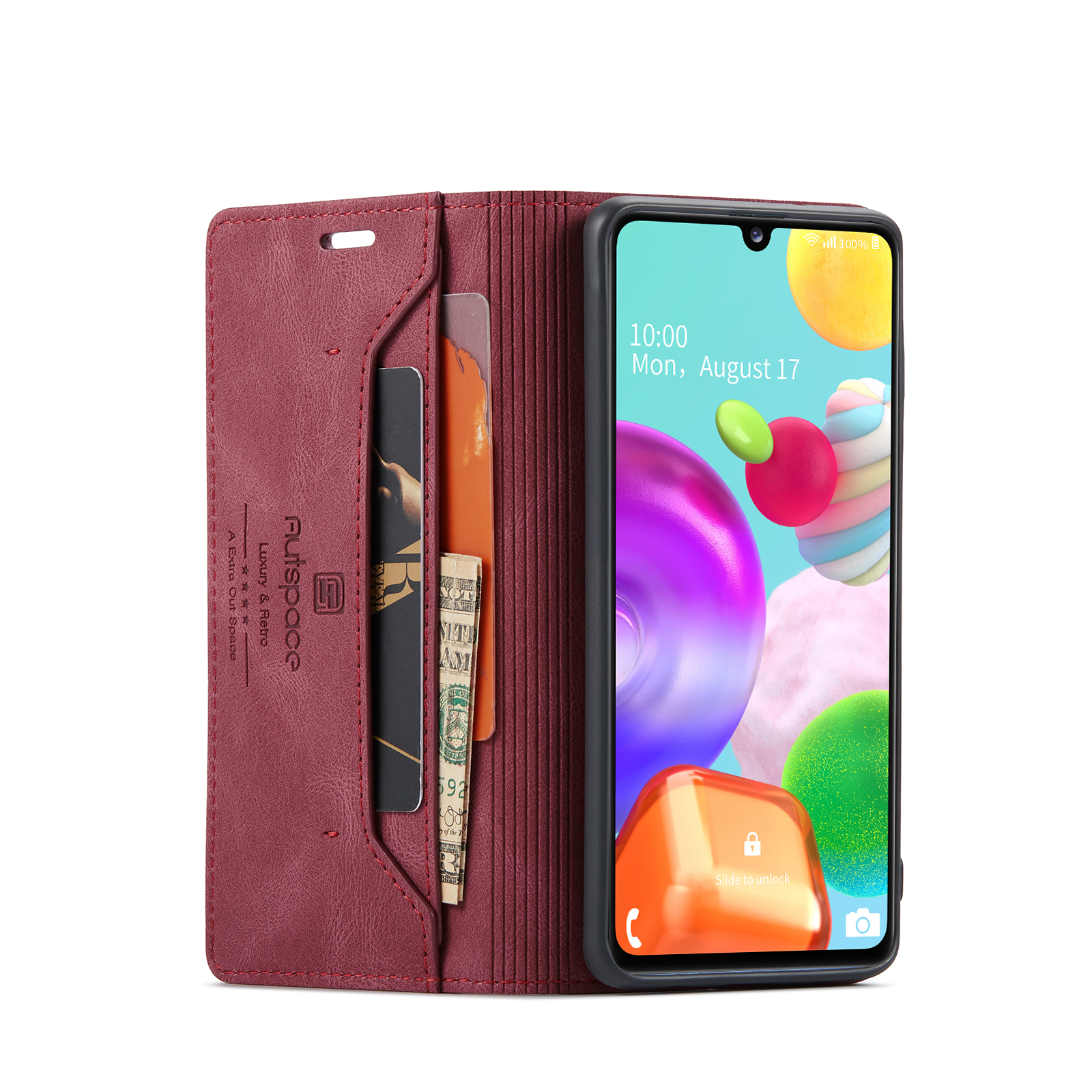 AUTSPACE A01 Series RFID Blocking Retro Matte Leather Case Wallet for Samsung Galaxy A41 (Global Version) - Red-10