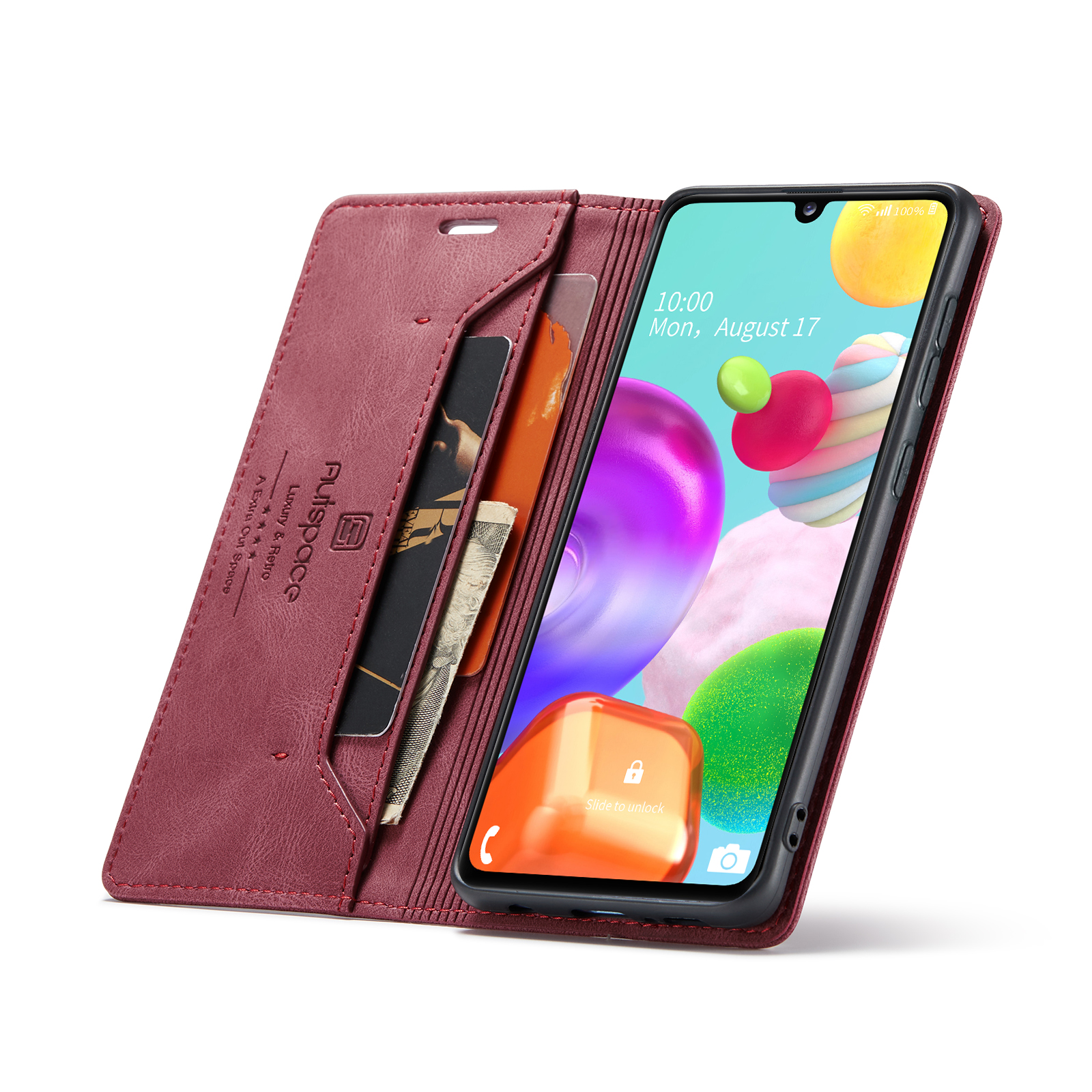 AUTSPACE A01 Series RFID Blocking Retro Matte Leather Case Wallet for Samsung Galaxy A41 (Global Version) - Red-11