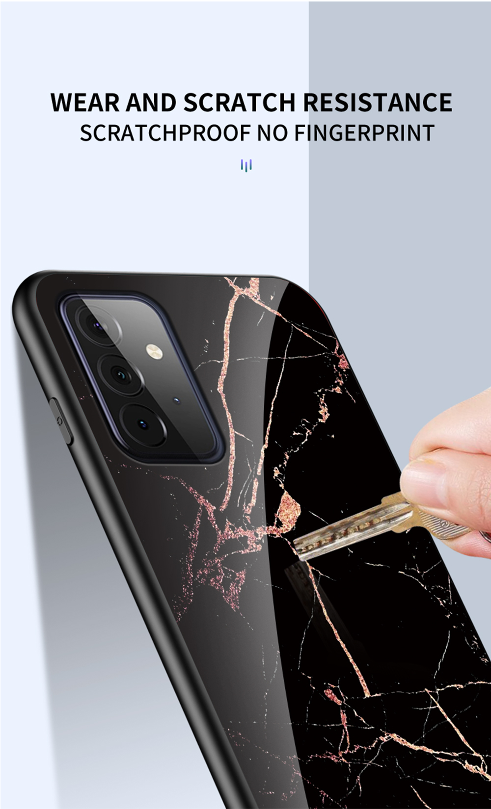 Panel Posterior de Vidrio Templado + Cubierta de Teléfono Celular de Patrón de Marca de Marco Para Samsung Galaxy A72 4G/5G - Mármol Blanco