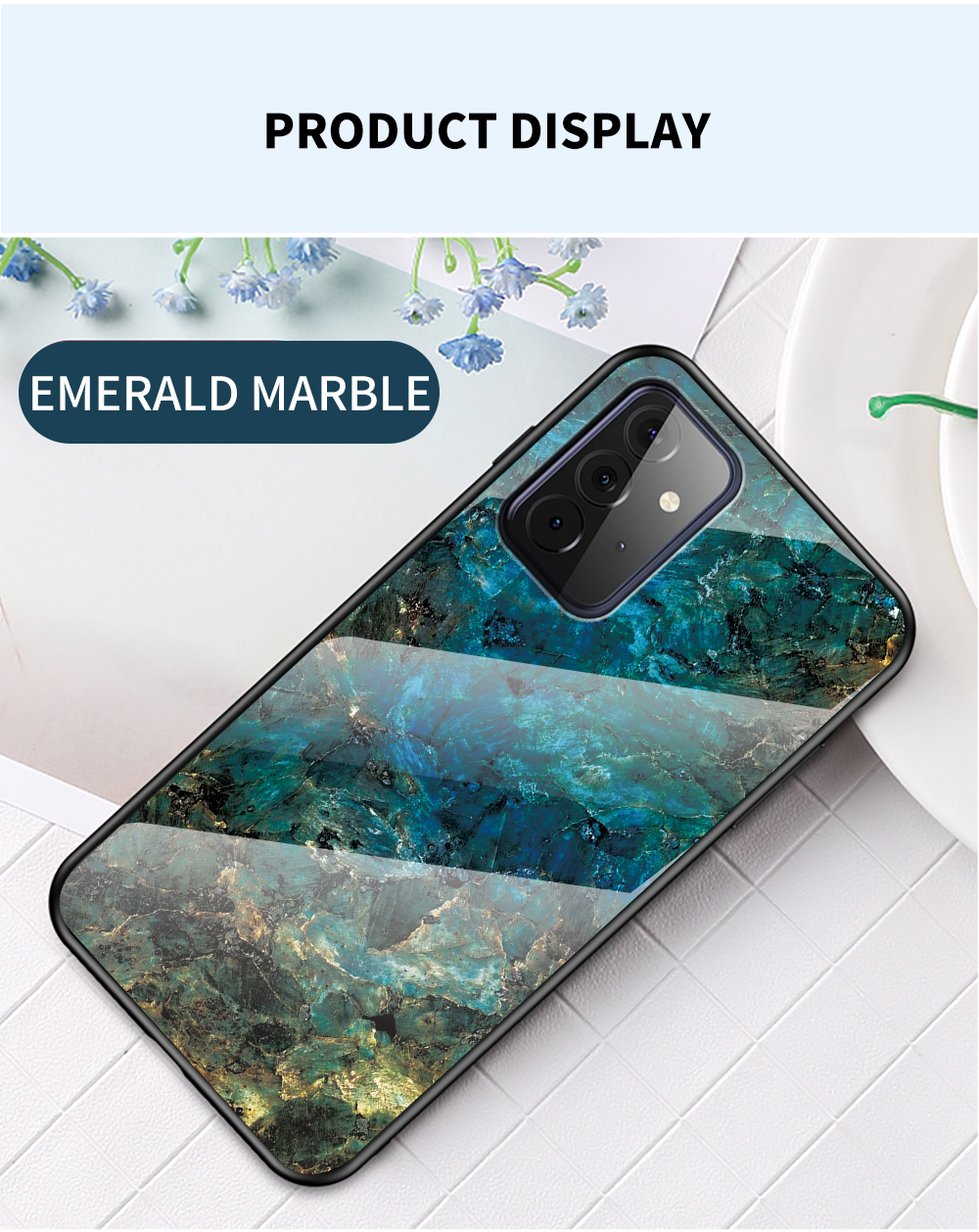 Painel Traseiro de Vidro Temperado + Tampa do Telefone Celular Padrão da Moldura TPU Para Samsung Galaxy A72 4G/5G - Marmore Branco