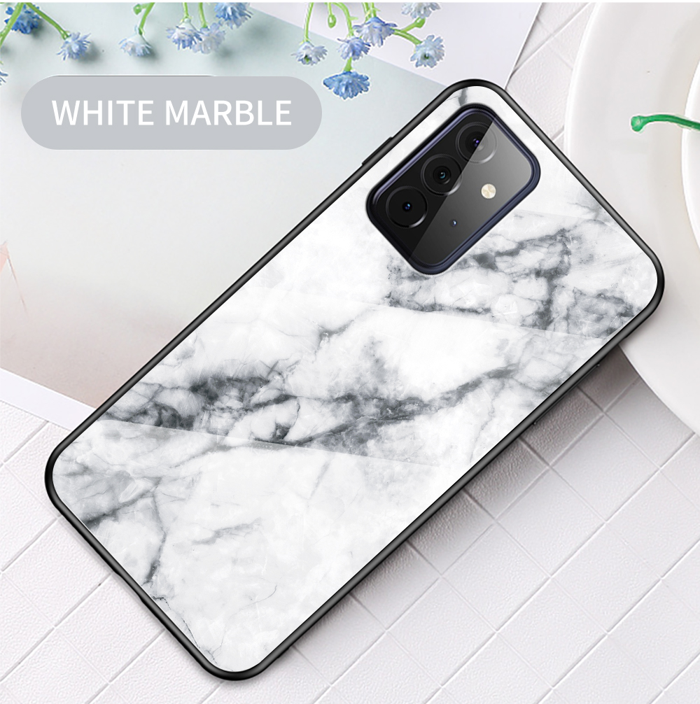 Pannello Posteriore in Vetro Temperato + Coperchio Cellulare Del Modello di Marmorizzazione Del Telaio TPU Per Samsung Galaxy A72 4G/5G - Marmo Bianco