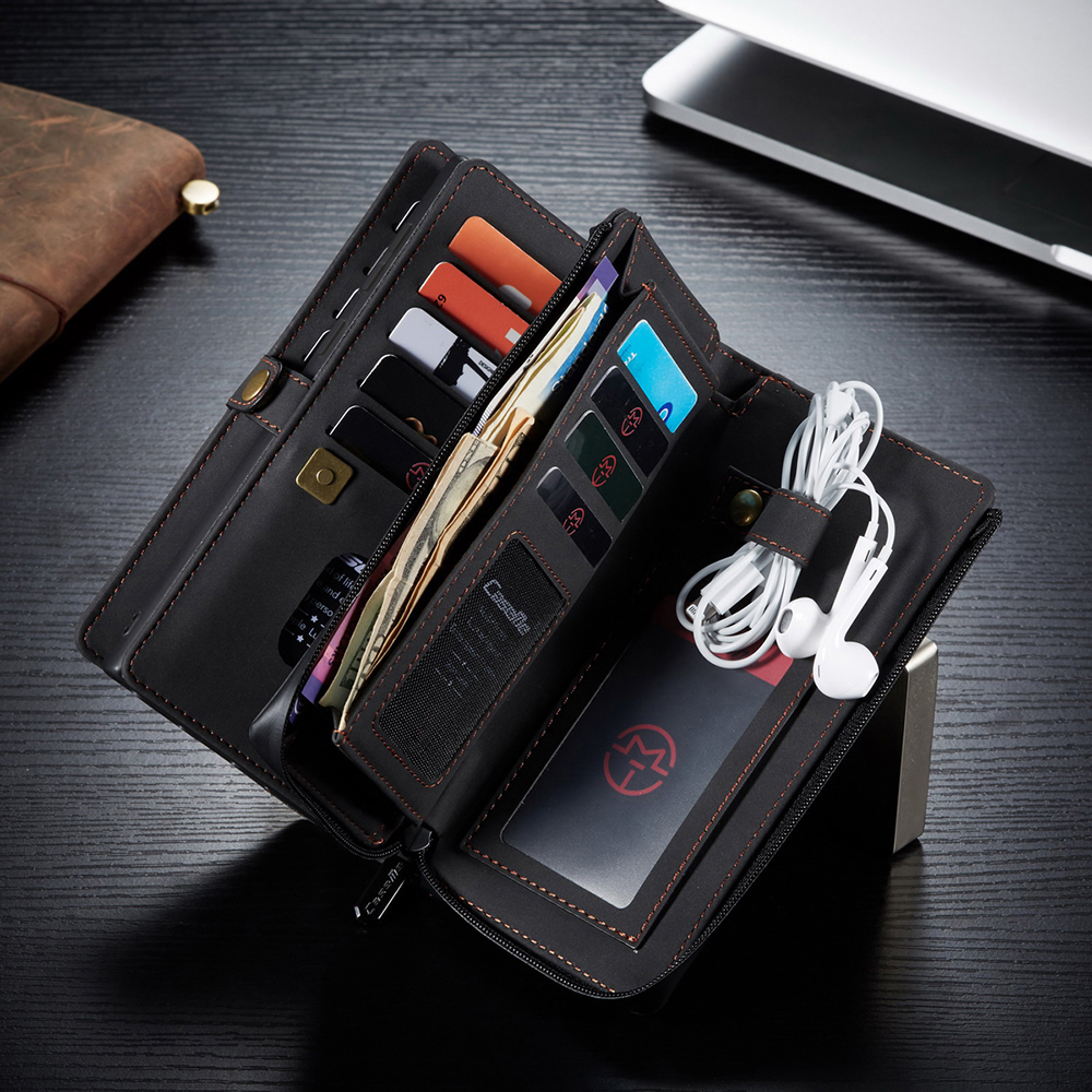 Caseme 018 Série Multiple Card Slots Etanche Zipper À Glissière Matte Portefeuille En Cuir De Peau 2 En 1 Pour Samsung Galaxy S21 Ultra 5G - Noir