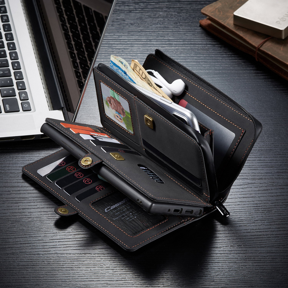 Caseme 018 Serie Multiple Card Slots Wasserdichte Reißverschluss Matte Haut Leder Brieftasche 2-in-1 Fall Für Samsung Galaxy S21 Ultra 5G - Schwarz