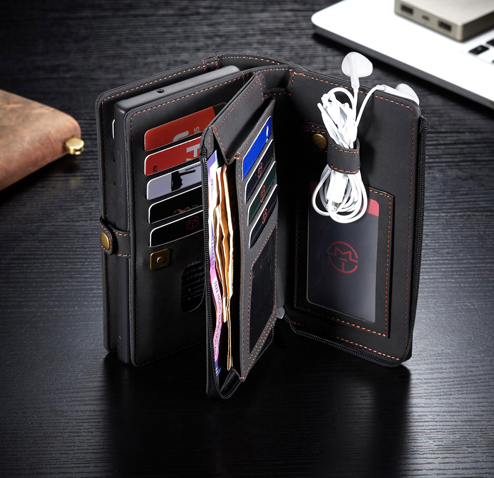 Caseme 018 Série Multiple Card Slots Etanche Zipper À Glissière Matte Portefeuille En Cuir De Peau 2 En 1 Pour Samsung Galaxy S21 Ultra 5G - Noir