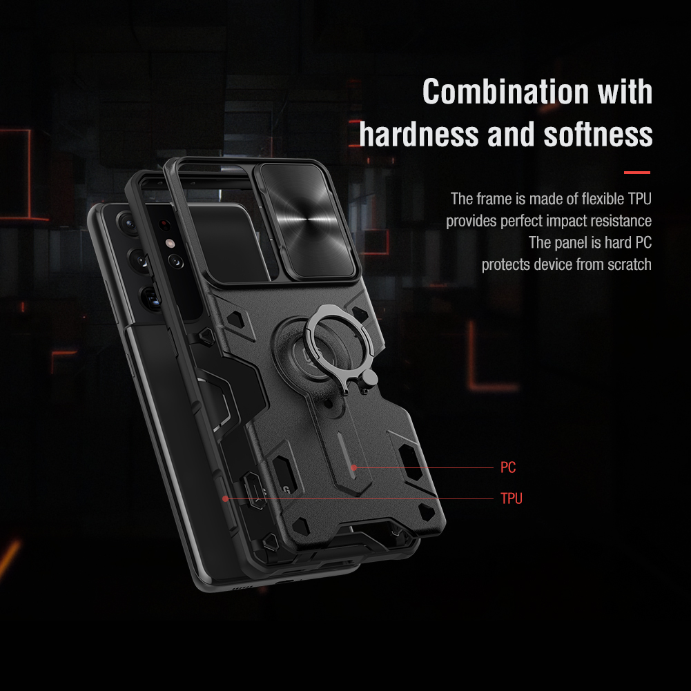 Nillkin Camshield Armor Case С Кольцом Формы Кикистовый Дизайн PC + TPU Гибридный Телефон Чехол Для Телефона Для Samsung Galaxy S21 Ultra 5g - Зеленый