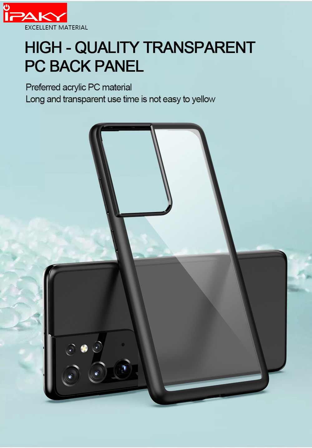 IPAKY Clear PC Back + TPU Bordas Case de Proteção Contra Samsung Galaxy S21 4G/5G - Preto