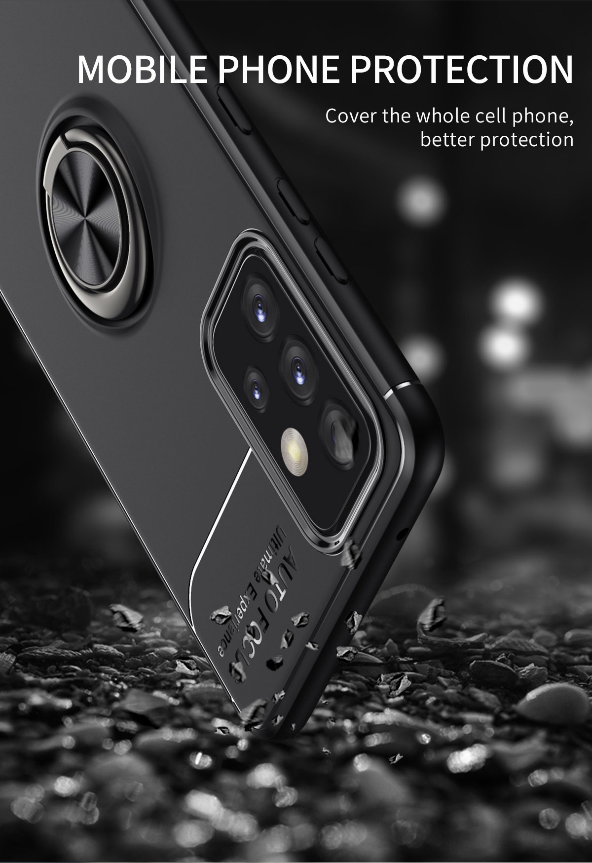 Capa de Telefone de Design de Folhas Magnéticas Embutidas Com Kickstand da Forma do Anel Para Samsung Galaxy A72 4G/5G - Preto / Ouro