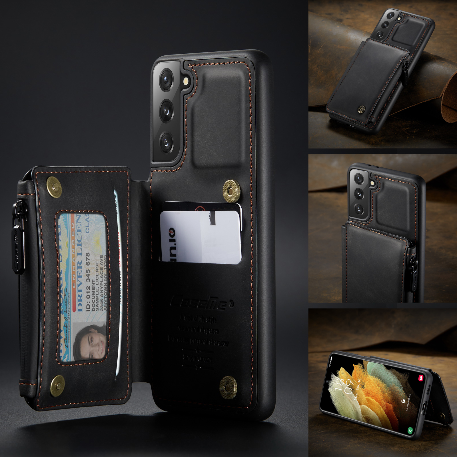 Caseme C20 Reißverschluss -taschen -design PU Lederbeschichtete TPU -telefonhülle Für Samsung Galaxy S21 Plus 5G - Schwarz